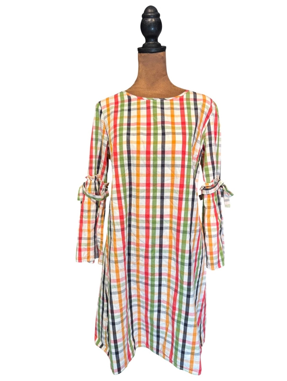 Crown & Ivy Colorful Plaid Cotton Dress with Sleeve Ties